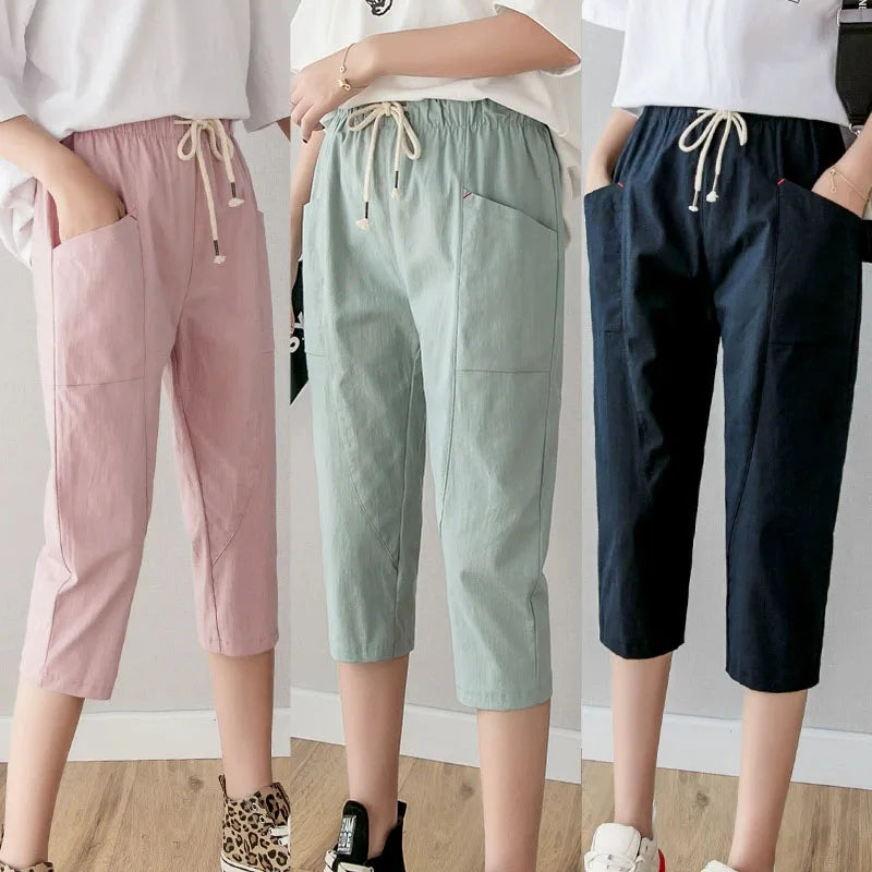 Summer Women Thin Cropped Pants Solid Color Casual All-match Elastic Waist Pencil Pants Woman Simple Basic Pockets Harem Pants
