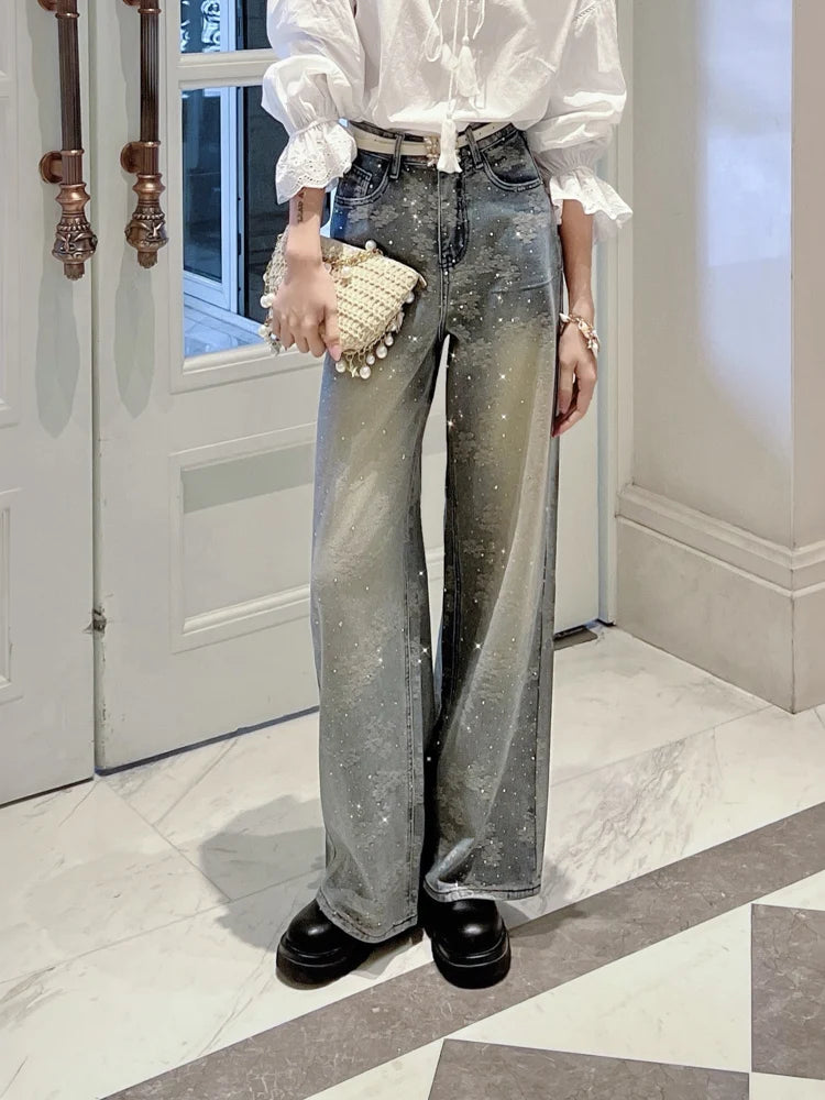 Women Washed Denim Wide Leg Jeans High Waist Rhinestone Jacquard Loose Straight Floor Pants DM3BLJ002
