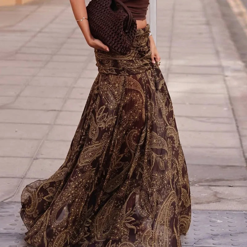 Irregular Printed Big Swing Long Skirts for Women High Waist Buttock Cover A-Line Maxi Skirt Female Vintage Bottom Clothes