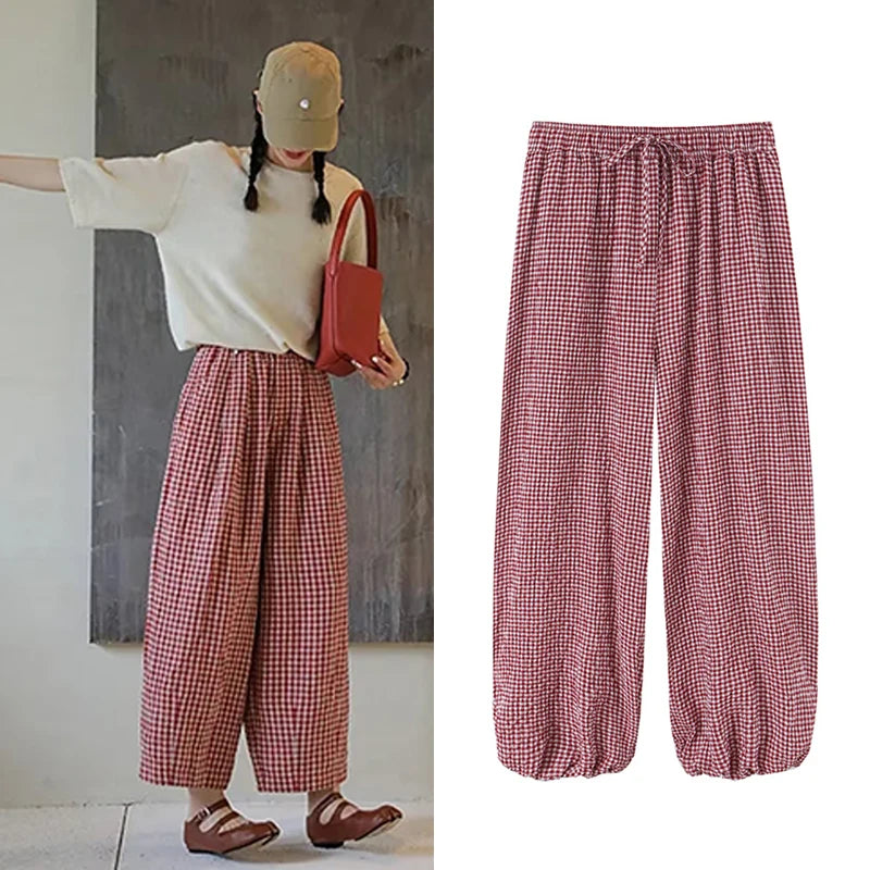 2026 Womens Wine Red Gingham Plaid Lantern Pants Elastic Drawst...