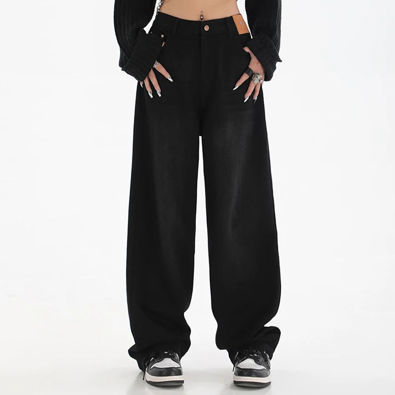 Hot Sale Lady High Waist Jeans Trendy Fashion Girls Solid Wide Leg Trousers Women Korean Retro Baggy Denim Pants