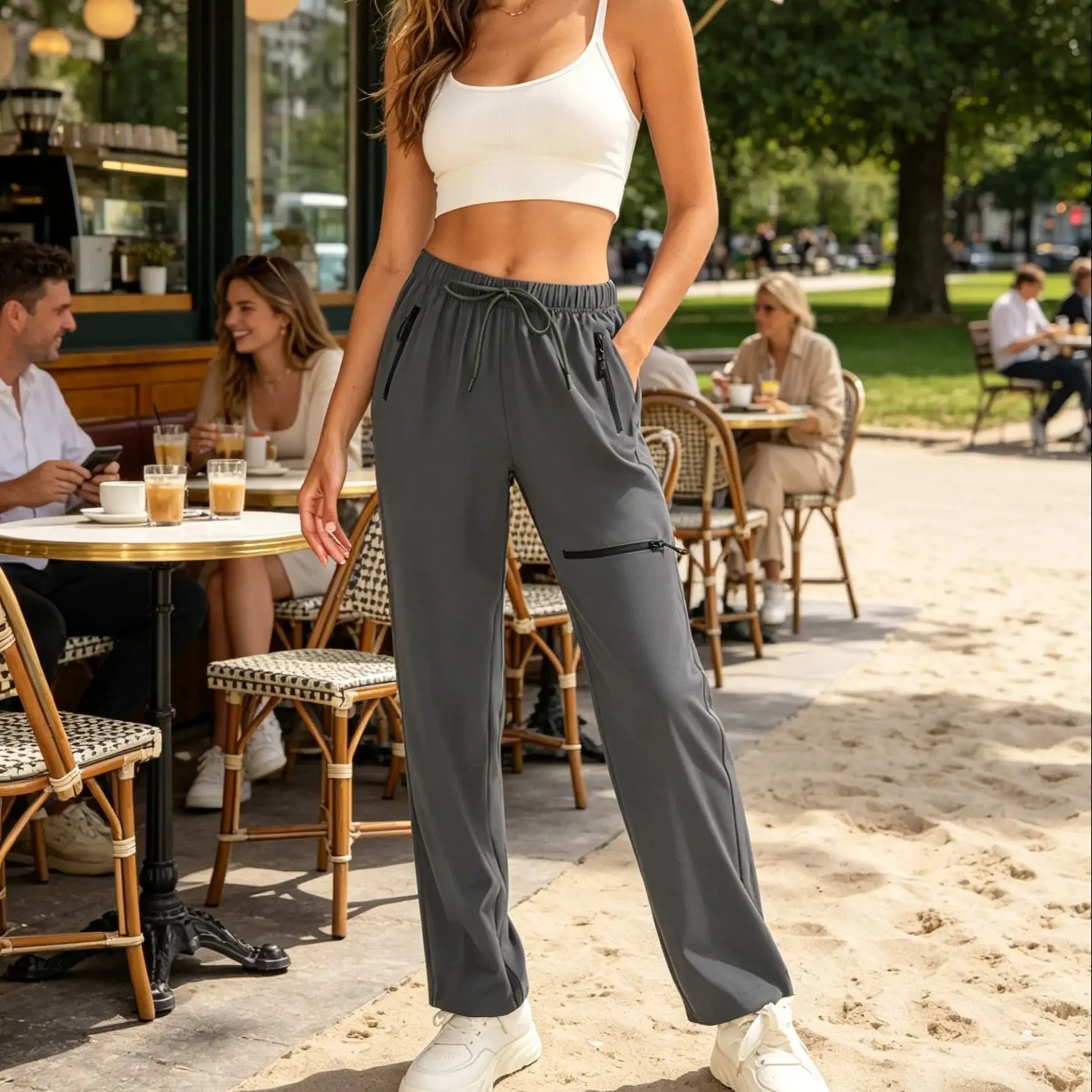 Women's Woven Zipper Pocket Cargo Pants Casual Loose Pants Female Breathable Solid Color Drawstring Jogger Yoga Baggy Trousers